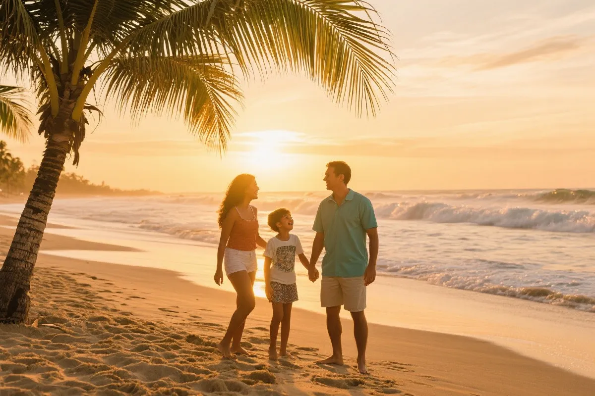 墨西哥海滩日落，家人牵手漫步，轻松而幸福的度假场景